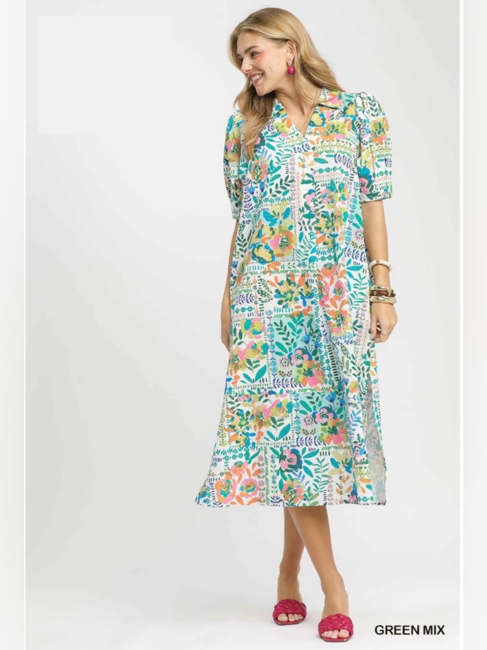 Umgee Folk Print Midi Dress with Side Pockets – Green Mix🛍️
